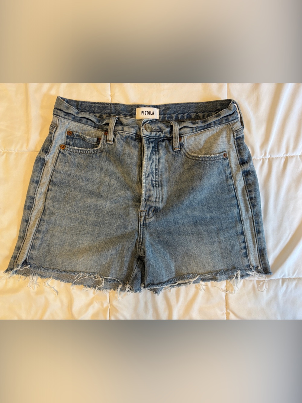 pistola Light Wash Frayed Hem Denim Shorts